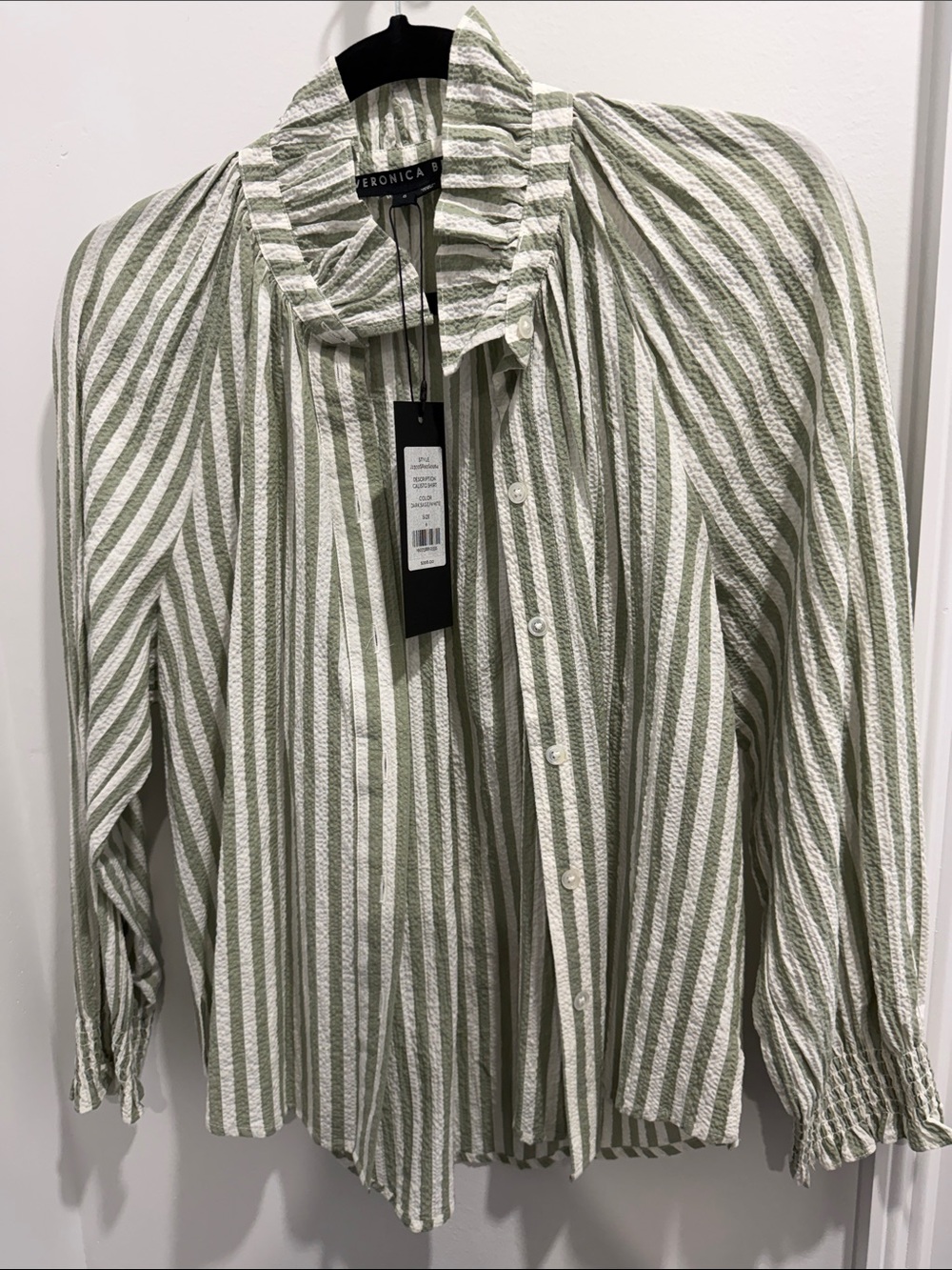 Veronica Beard Sage Green and White Striped Ruffle-Collar Button Down